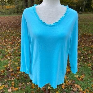 FRESH PRODUCE TOP TEE TURQUOISE BLUE 3/4 SLEEVE SCOOP NECK LETTUCE EDGES Size M
